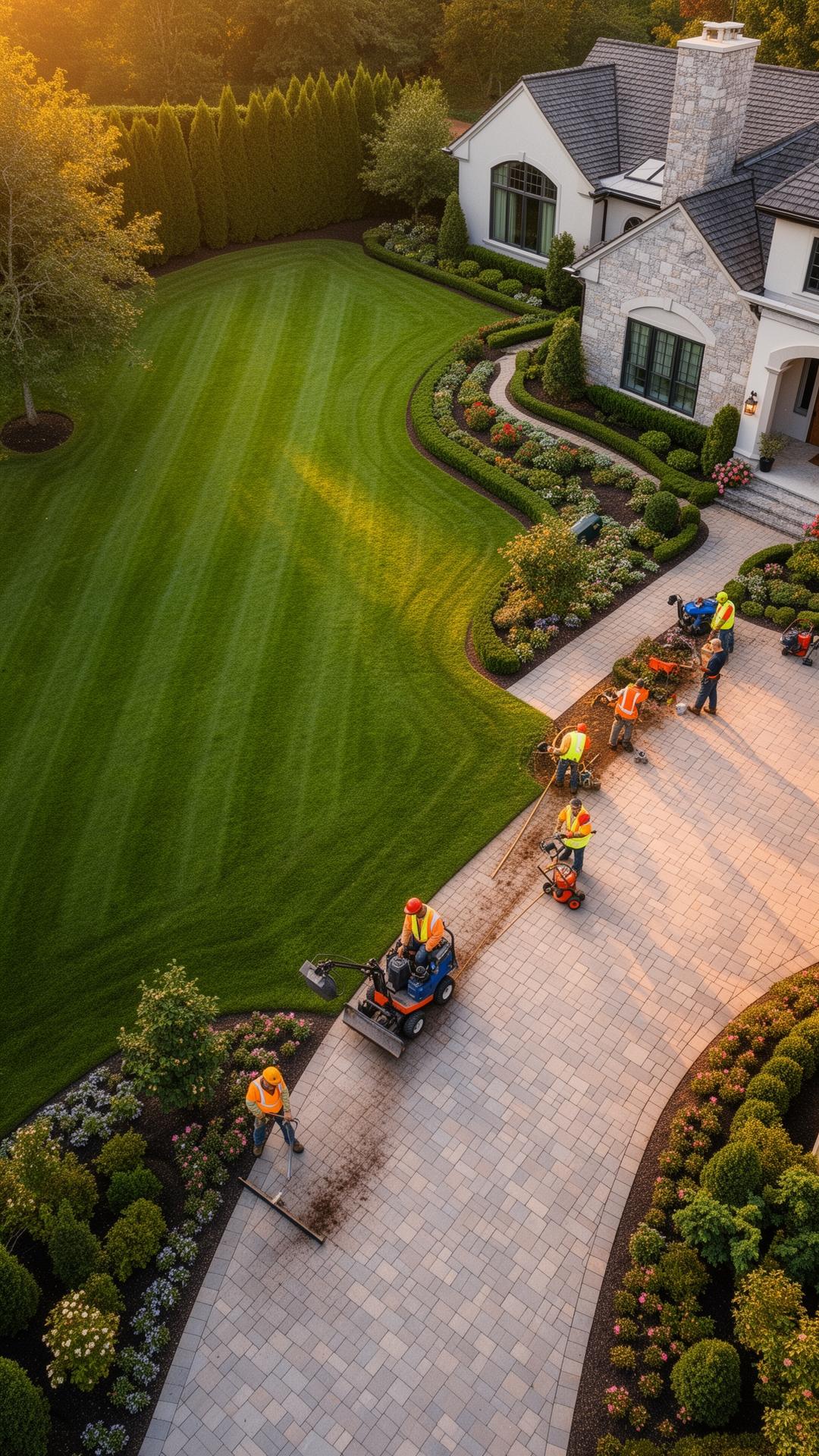 Aerial of a finished landscape install with crew on site